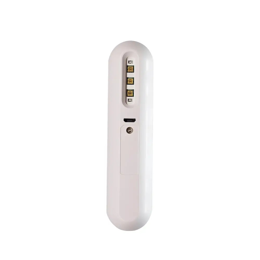 White, sleek, handheld device with a usb-c port and four gold-colored connectors.