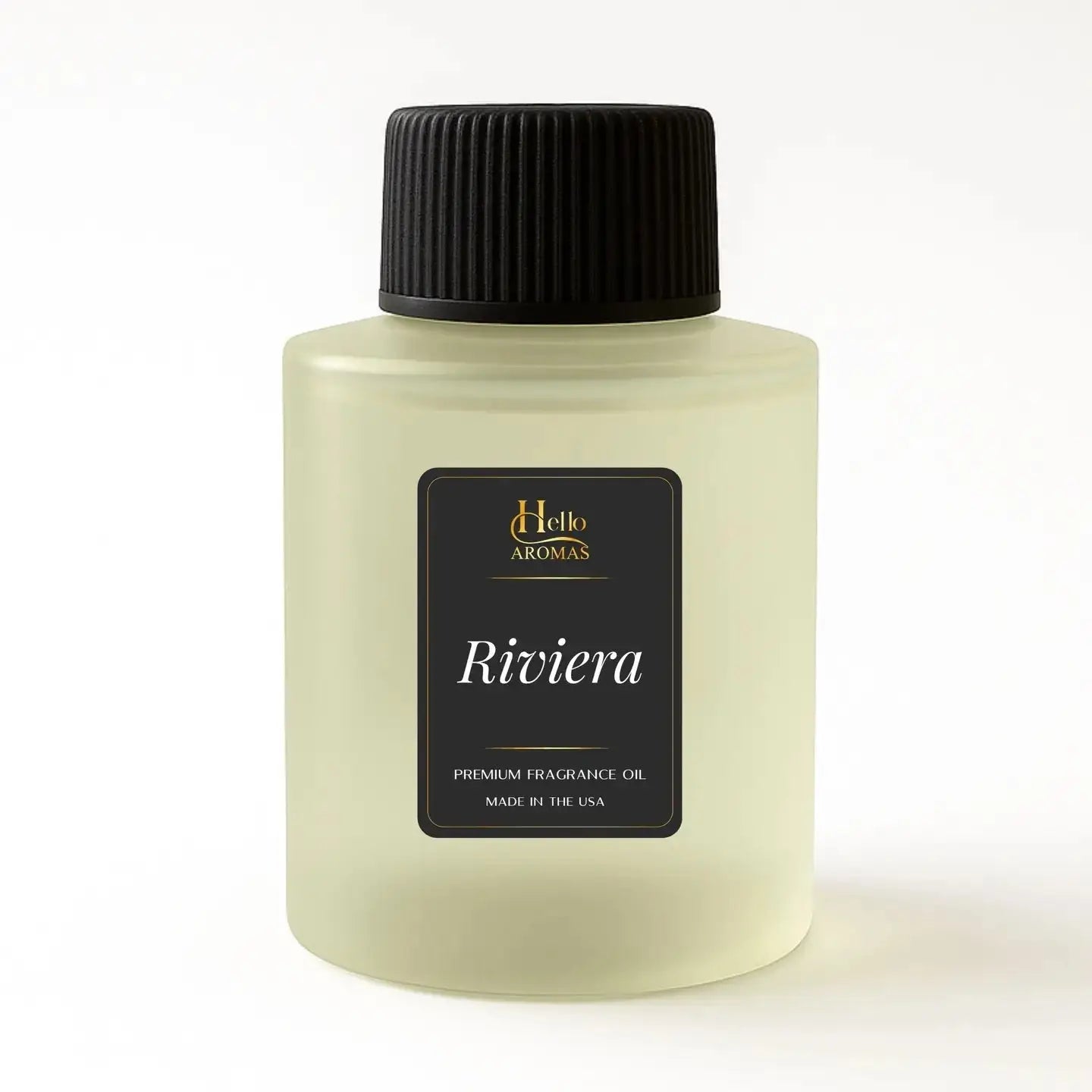 Hello aromas riviera premium fragrance oil inspired by baccarat hotel nyc in a pale green bottle with black ribbed cap