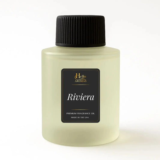 Hello aromas riviera premium fragrance oil inspired by baccarat hotel nyc in a pale green bottle with black ribbed cap