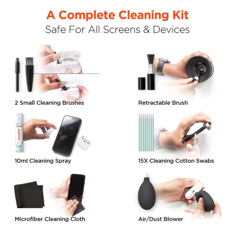 A complete cleaning kit featuring a 10ml screen-safe spray, microfiber cloth, retractable brush, cotton swabs, and air/dust blower for all devices.