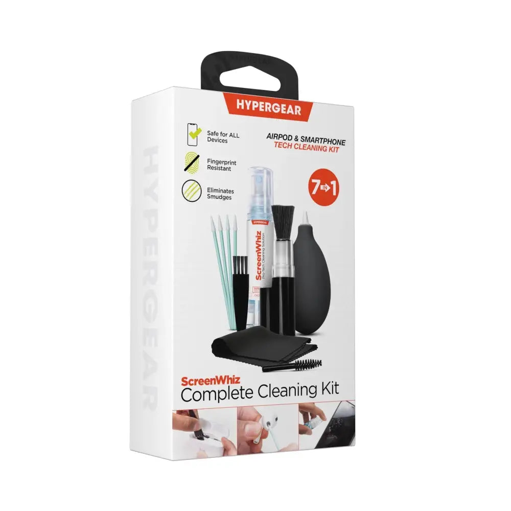 Hypergear screenwhiz complete cleaning kit, a white and orange-packaged 7-in-1 tech cleaning set for airpods and smartphones featuring black brushes, microfiber cloths, and a spray bottle.