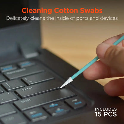 Light blue plastic-handled cleaning cotton swabs with white, fluffy tips.