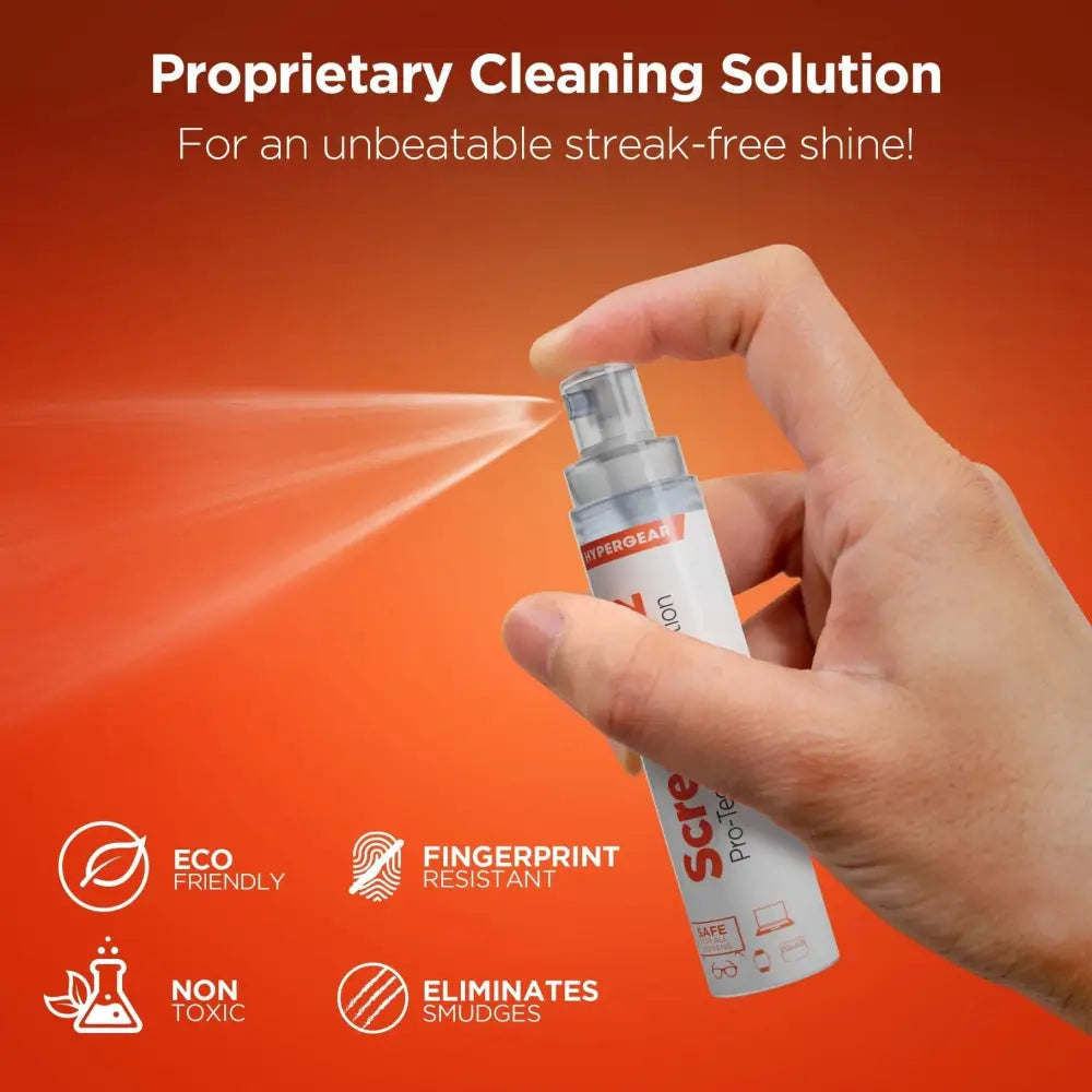 White spray bottle with a clear nozzle and silver cap, labeled ’hypergear screen protector’ for streak-free cleaning.