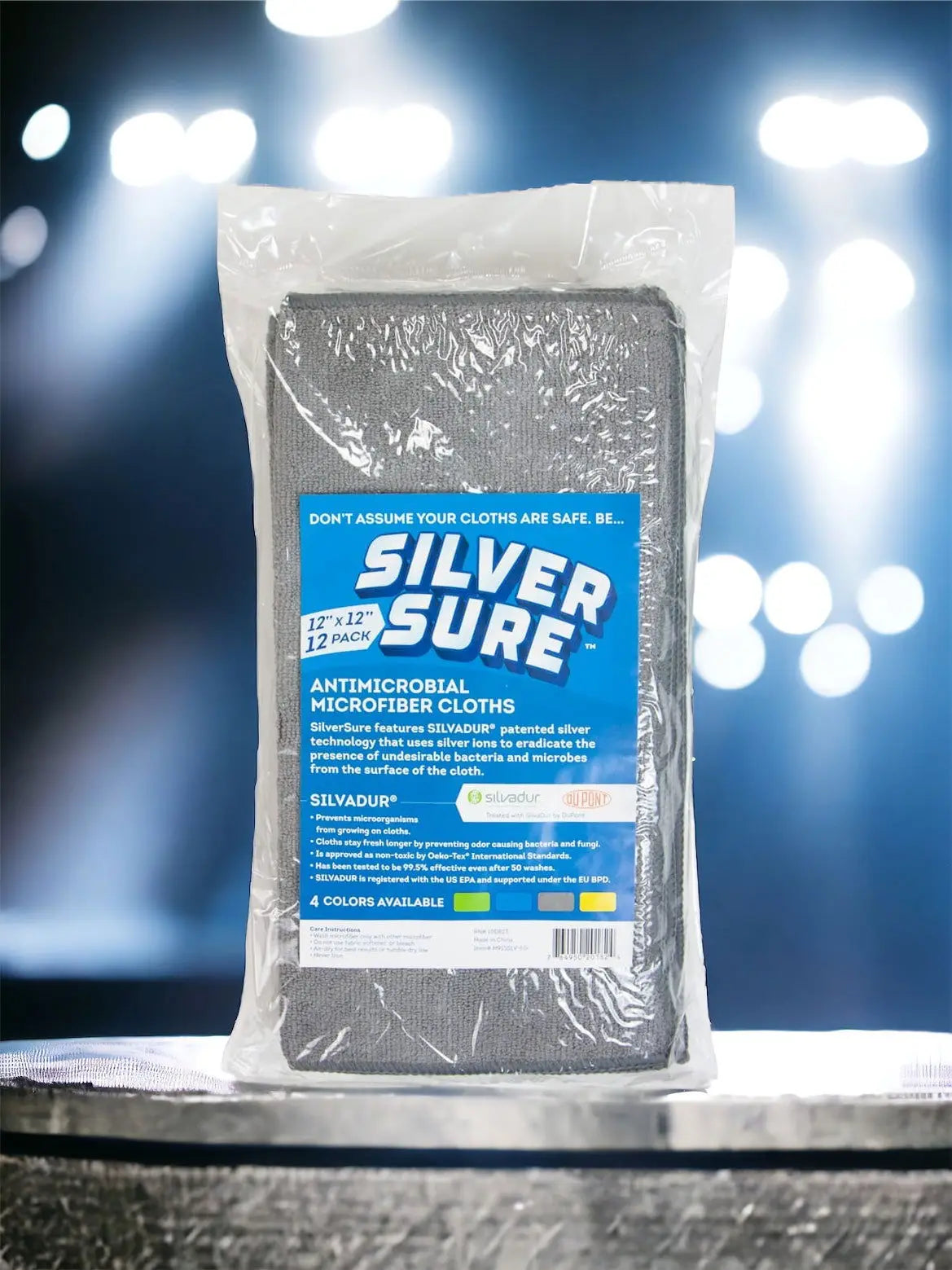 Silversure antimicrobial microfiber cloth in a clear plastic package, featuring gray fabric with silver ion technology for odor and bacteria control.