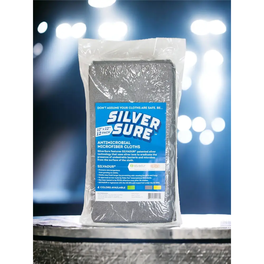 Silversure antimicrobial microfiber cloth in a clear plastic package, featuring gray fabric with silver ion technology for odor and bacteria control.