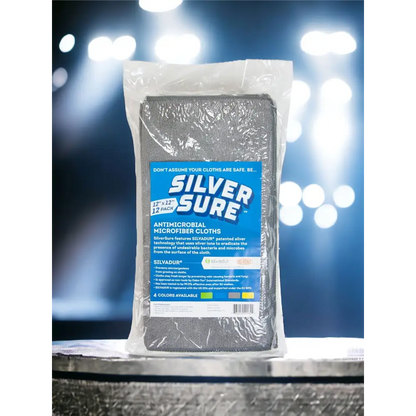 Silversure antimicrobial microfiber cloth in a clear plastic package, featuring gray fabric with silver ion technology for odor and bacteria control.