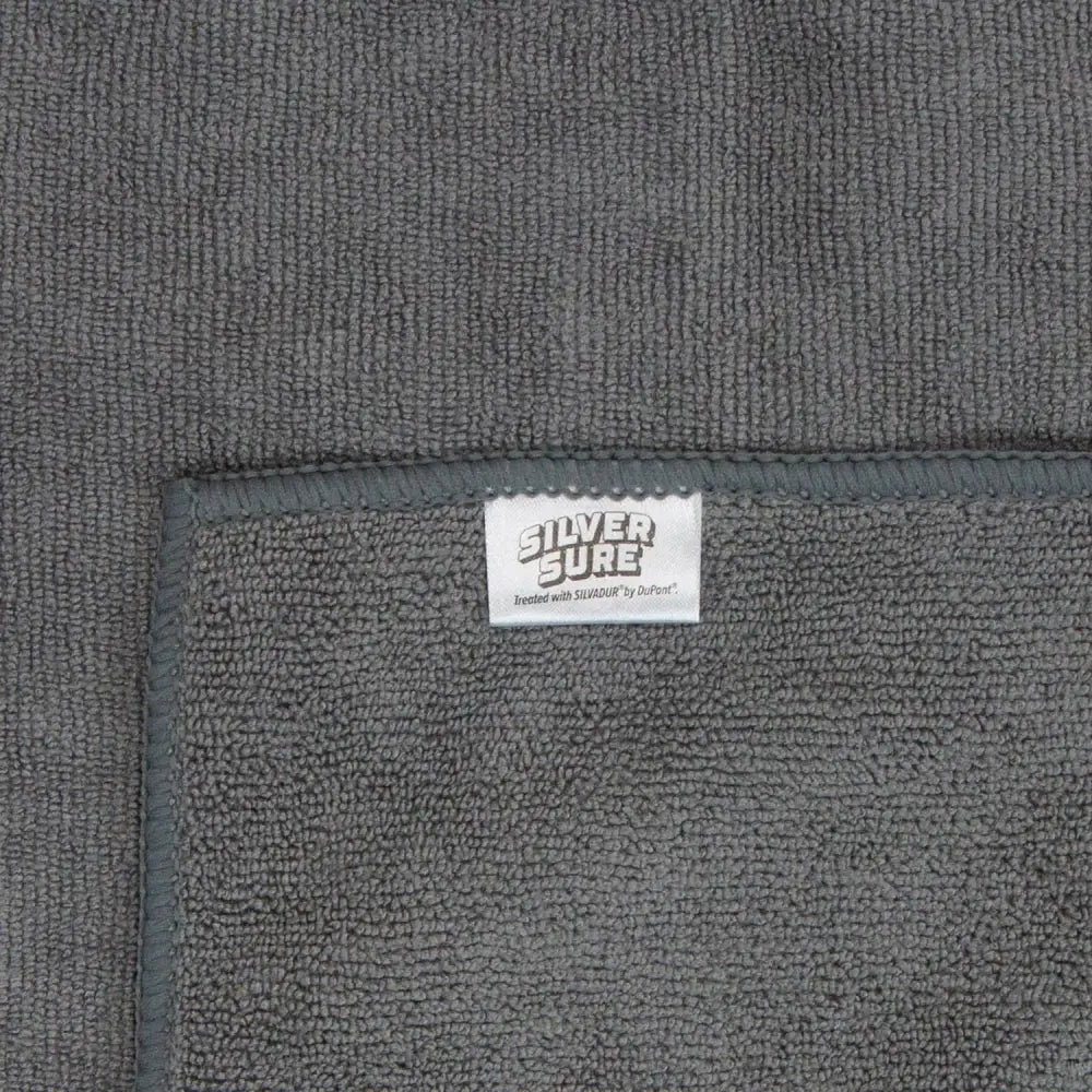Gray, plush terry cloth microfiber cleaning cloth with a white ’silver sure’ brand label.