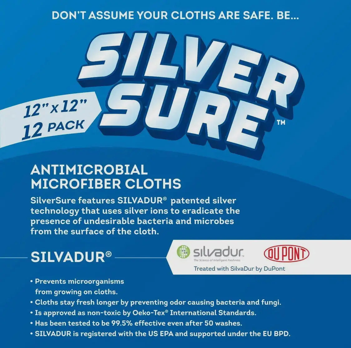 Silversure antimicrobial microfiber cloths, 12-inch by 12-inch, packaged in a 12-pack.