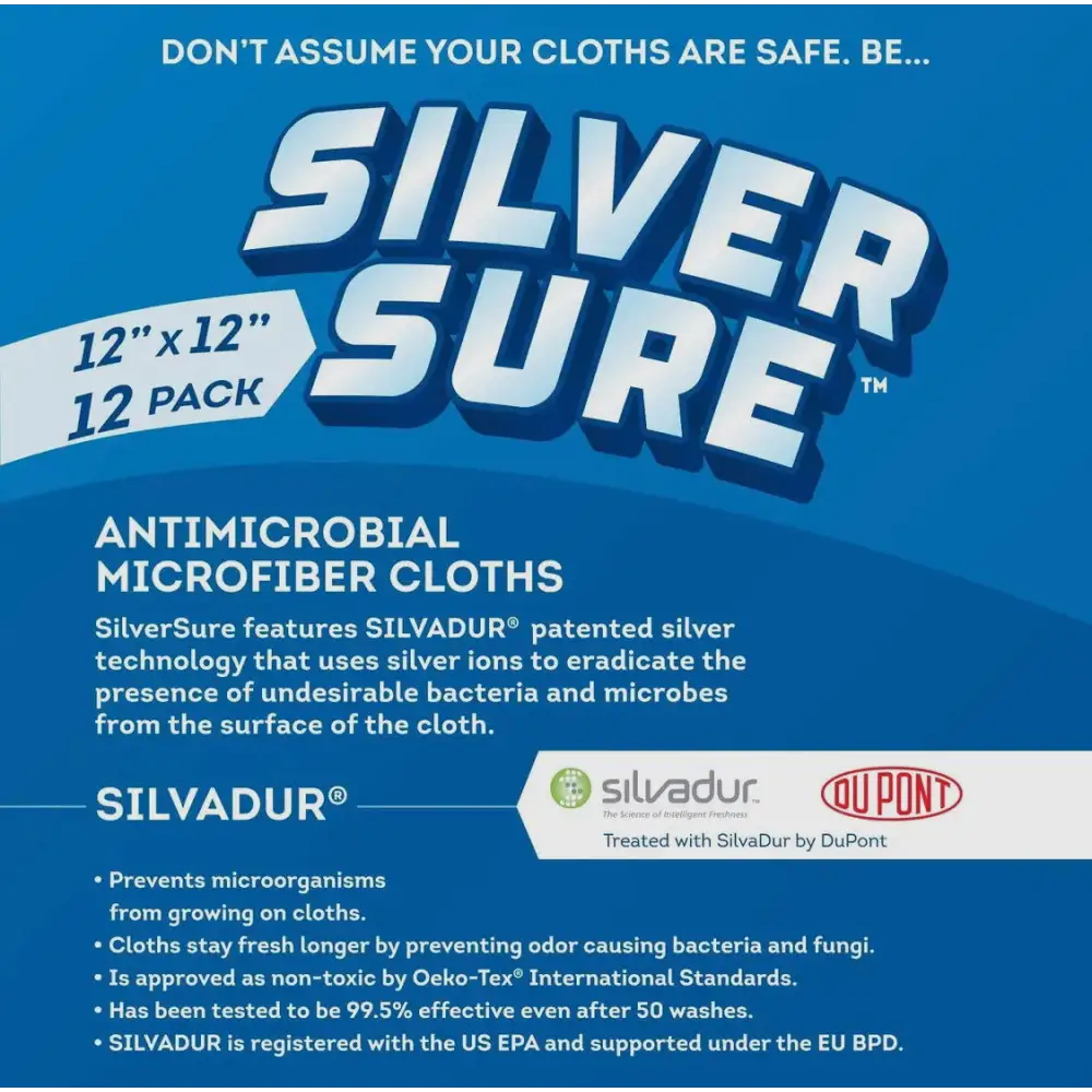 Silversure antimicrobial microfiber cloths, 12-inch by 12-inch, packaged in a 12-pack.
