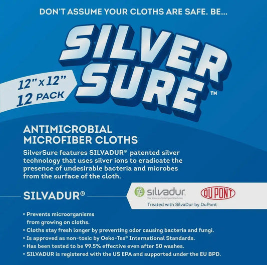 Silversure antimicrobial microfiber cloths, 12-inch by 12-inch, packaged in a 12-pack.