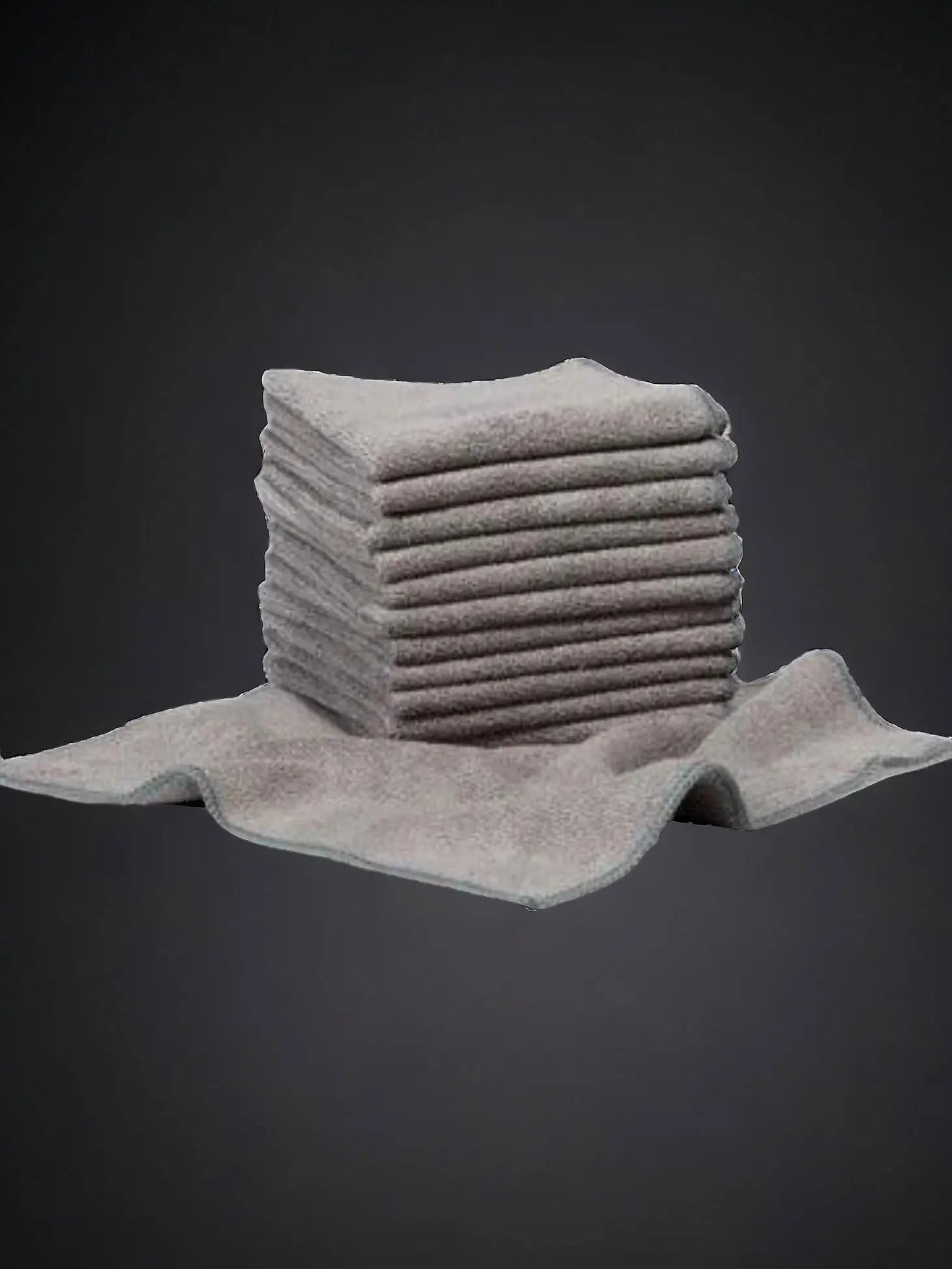 Stack of soft, neutral gray microfiber cleaning cloths.
