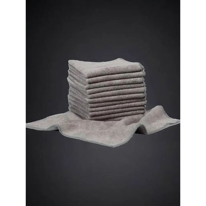 Stack of soft, neutral gray microfiber cleaning cloths.