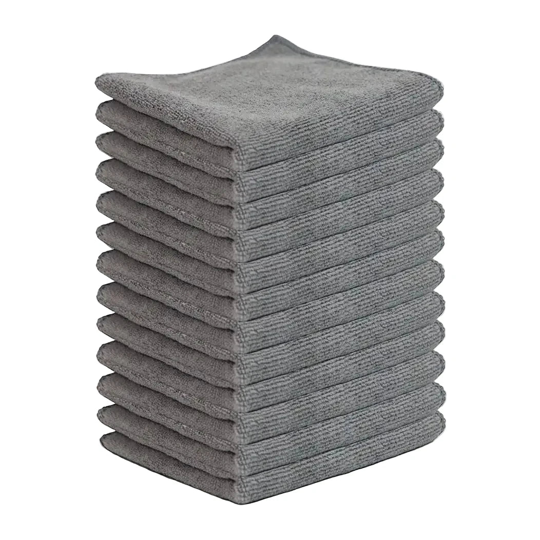 Stack of gray microfiber cleaning cloths.