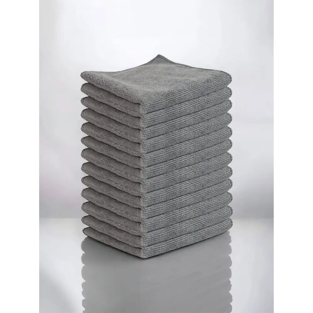 Stack of gray microfiber cleaning cloths.