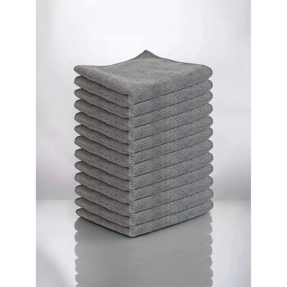 Stack of gray microfiber cleaning cloths.