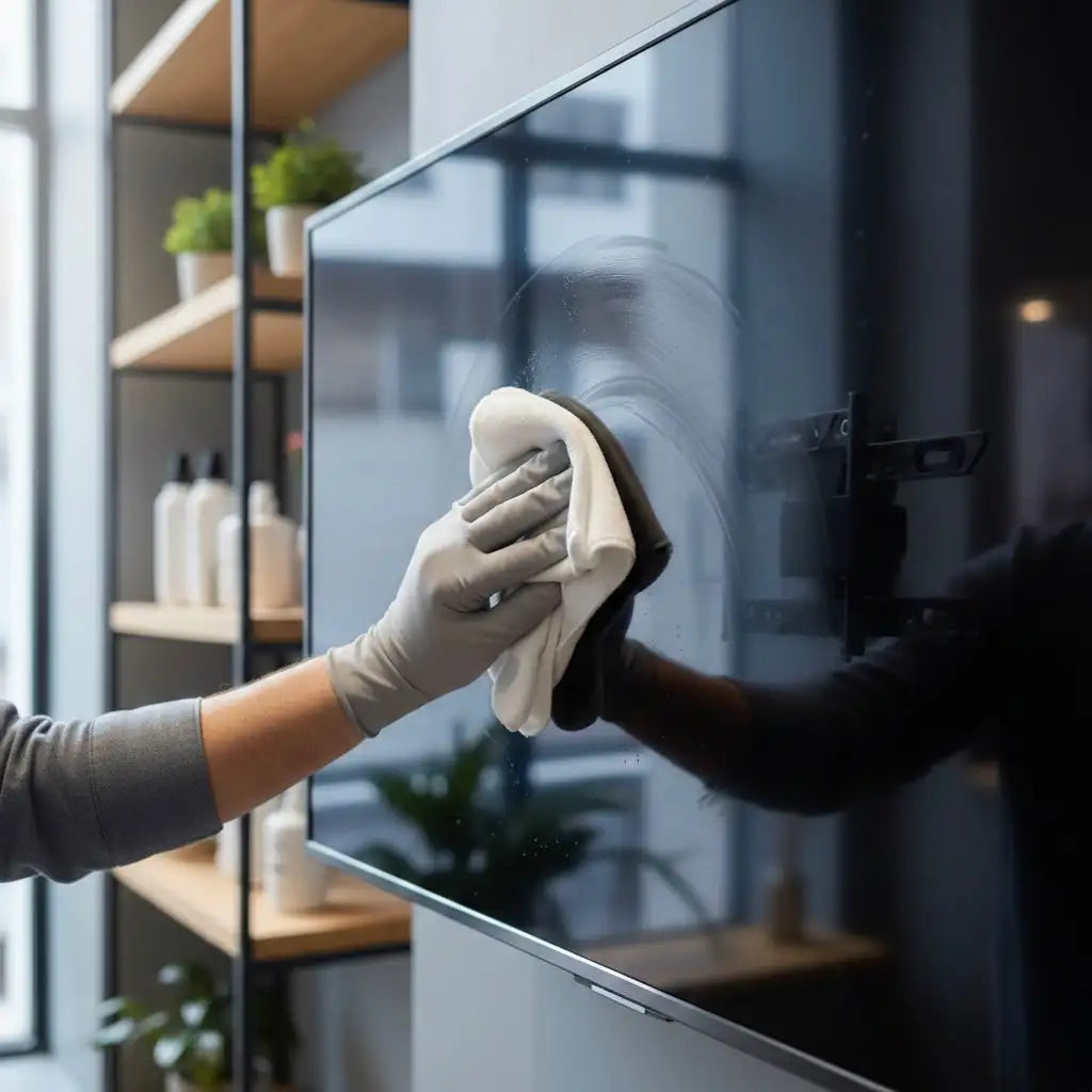 A sleek black-framed flat-screen tv with a glossy surface being wiped clean by a hand in gray gloves.