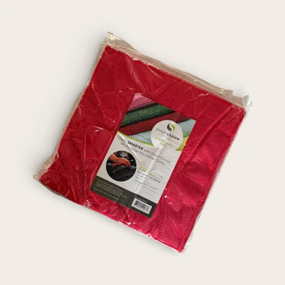 Red microfiber cleaning cloth in a clear plastic package with brand labeling.