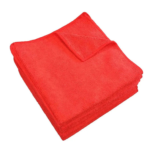 Bright red microfiber cleaning cloth, neatly folded with a soft, textured surface.