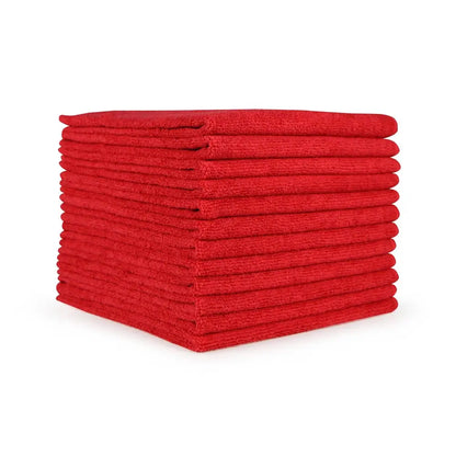 Stack of vibrant red microfiber cleaning cloths.