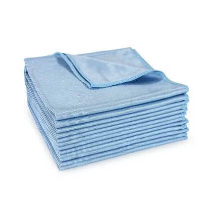 Stack of light blue microfiber cleaning cloths.