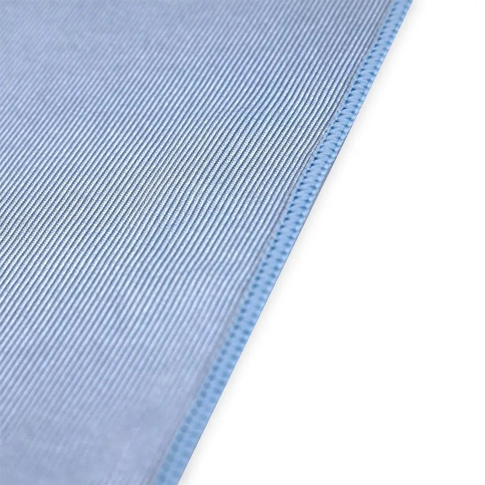 Light blue ribbed fabric with a neat, matching stitched edge.