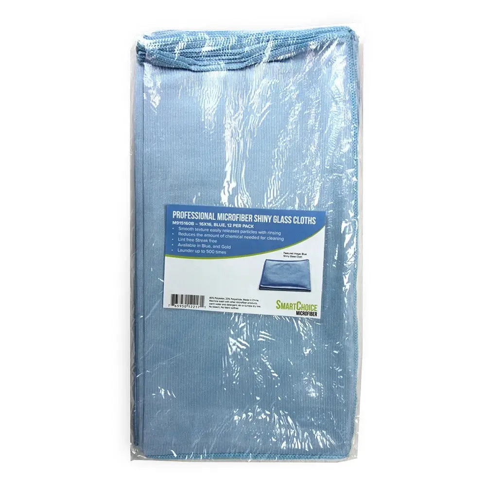 A package of blue professional microfiber shiny glass cloths, neatly folded and sealed in clear plastic with a label indicating they are 12 per pack.
