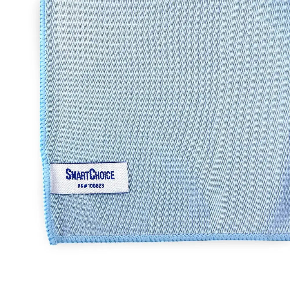 Light blue microfiber cleaning cloth with a stitched edge and a white label bearing the ’smartchoice’ brand name.