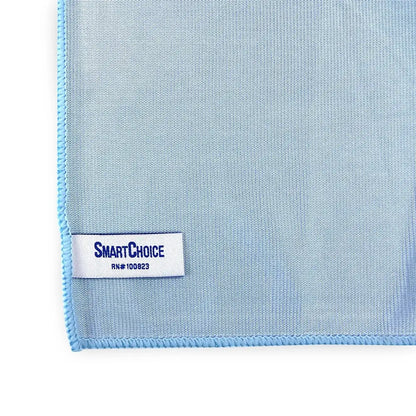 Light blue microfiber cleaning cloth with a stitched edge and a white label bearing the ’smartchoice’ brand name.