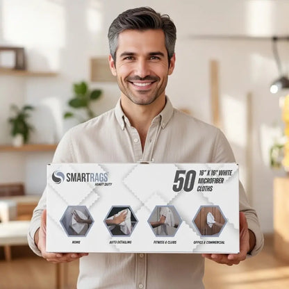 A box of 50 white microfiber cloths from smartrags, designed for heavy-duty cleaning tasks.