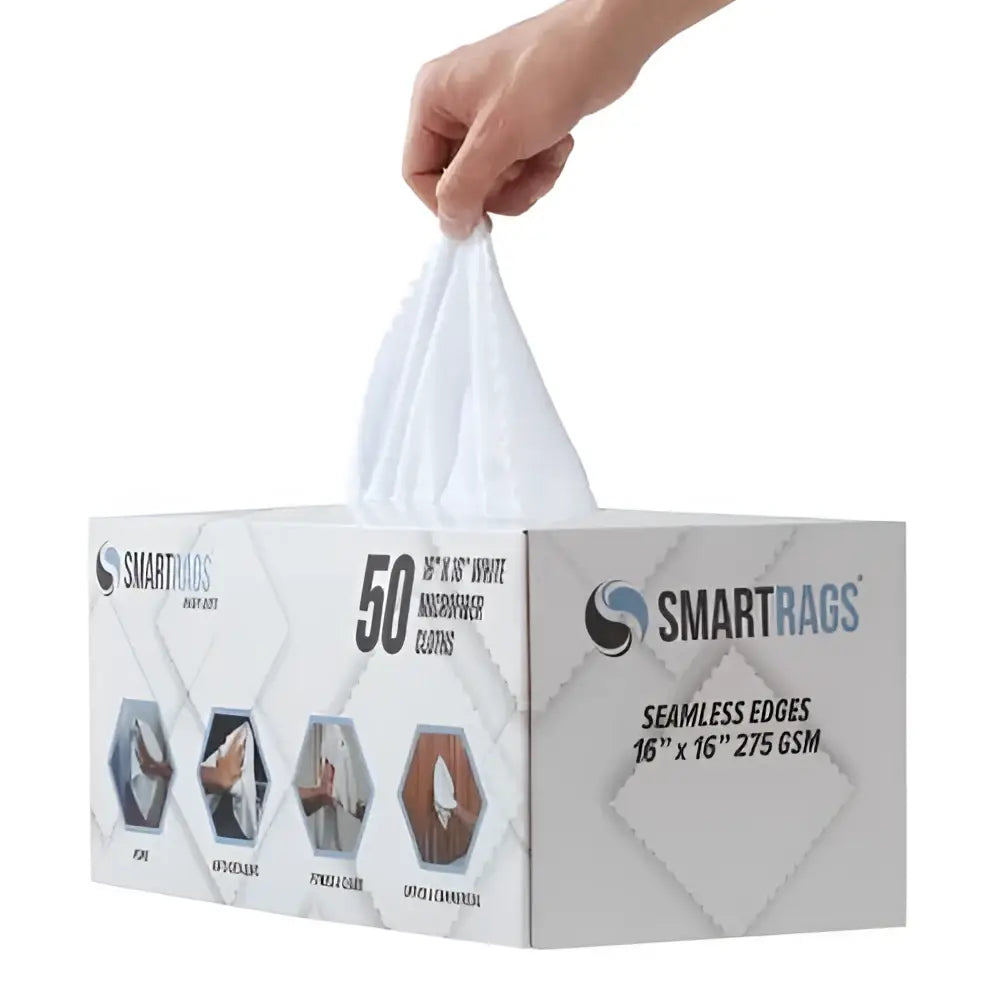 White microfiber cloths with seamless edges, packaged in a branded box.