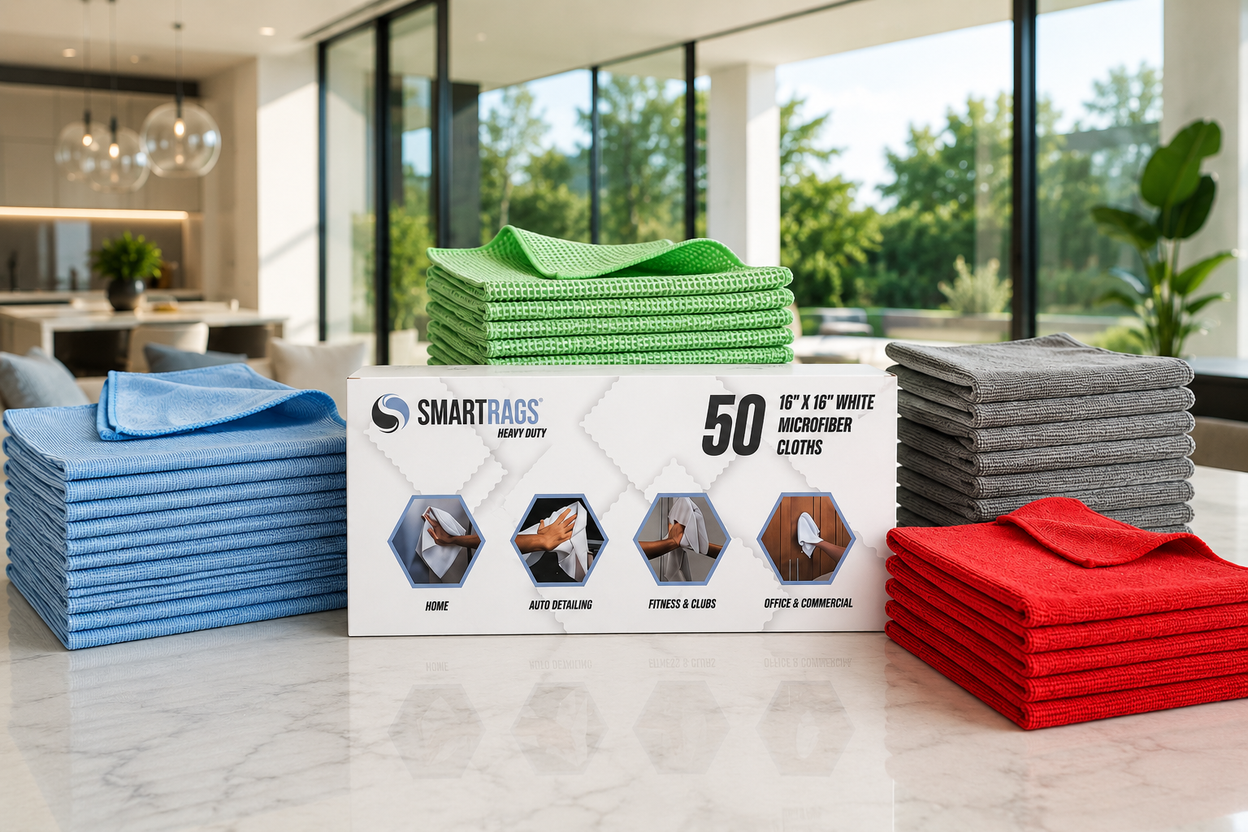 Box of SmartRags microfiber cloths with blue, green, gray, and red cloths on a countertop.
