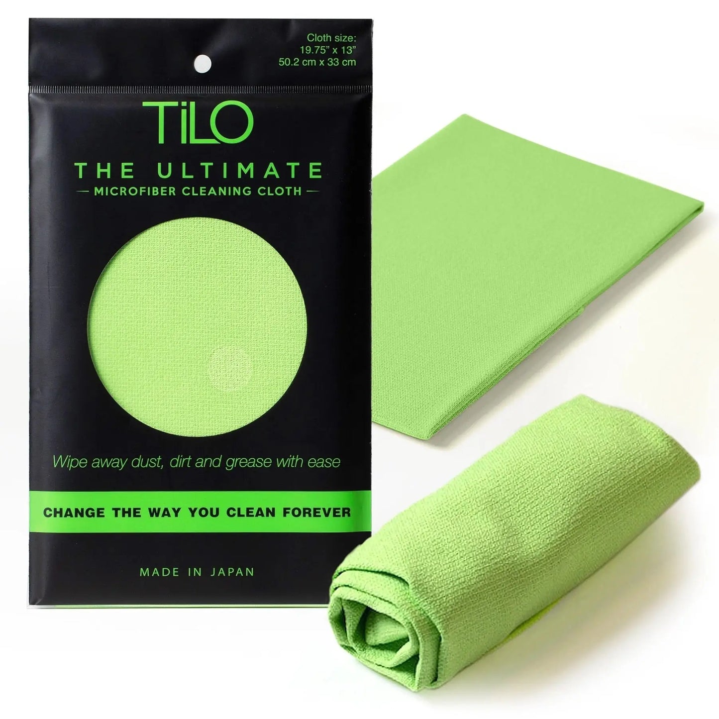 Bright lime green tilo microfiber cleaning cloth in black package 19x13 inch ultra-absorbent lint-free reusable cloth