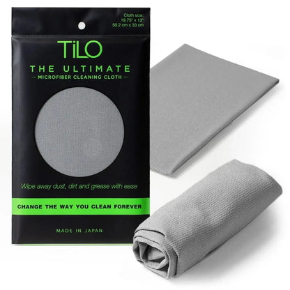 Gray tilo microfiber cleaning cloth in black and green packaging featuring ultra-absorbent, lint-free fabric
