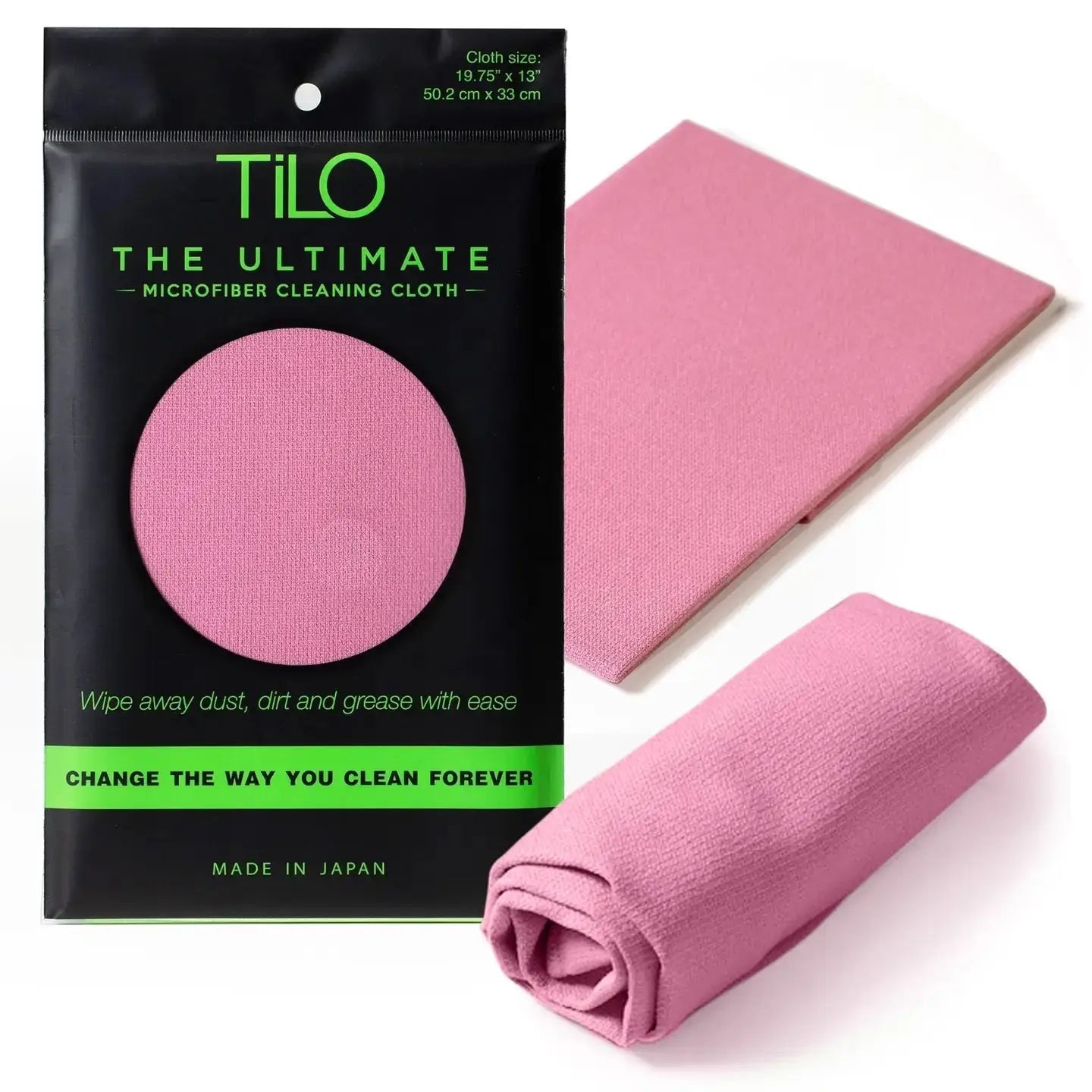 Pink tilo microfiber cleaning cloth in black package featuring ultra-absorbent lint-free streak-free design