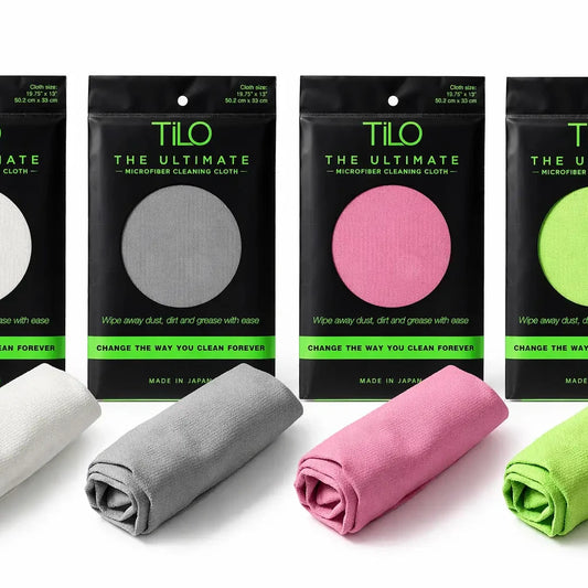 TiLO microfiber cleaning cloth in white gray pink and lime green ultra-absorbent lint-free for delicate surfaces