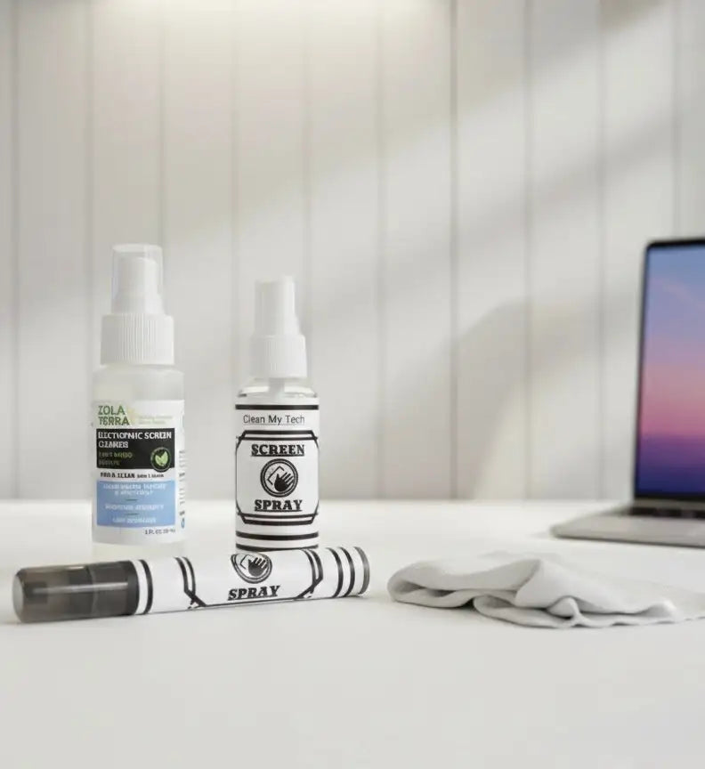 Two spray bottles and a cleaning cloth, one labeled ’zola terra electrostatic screen cleaner’ with a white body and blue label, the other branded ’clean my tech screen spray’ in black text on a white background.