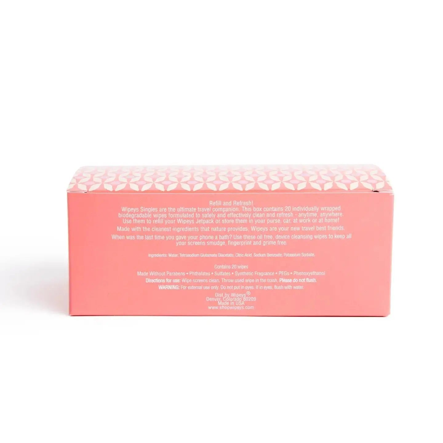 Pink rectangular box with white floral pattern on the top edge, labeled ’wipeys simple’ and containing 20 individually wrapped microfiber wipes.