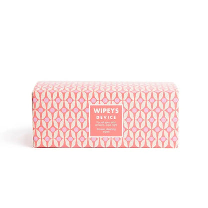 Pink and white geometric-patterned box of wipeys device screen cleaning wipes.