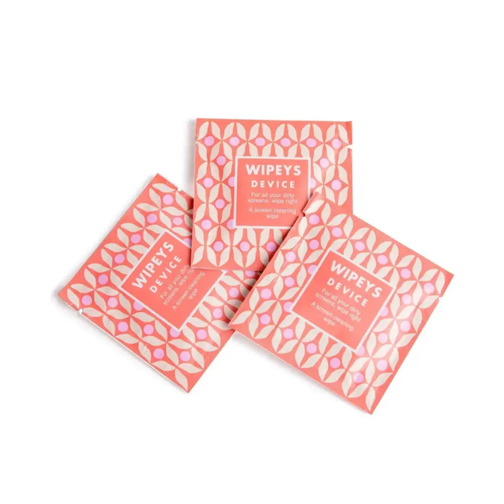 Pink and white patterned packets of wipeys device screen cleaning wipes.