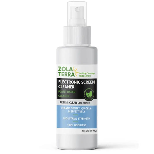 Zola terra electronic screen cleaner in a sleek white spray bottle with a ribbed cap and plant-based formula.